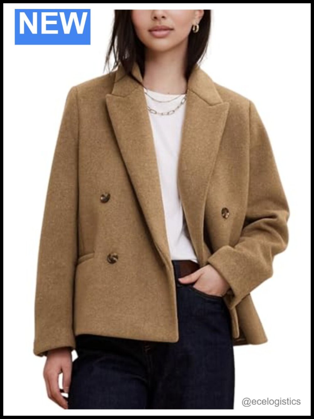 Women's Double Breasted Wool Blend Pea Coat with Notched Lapel